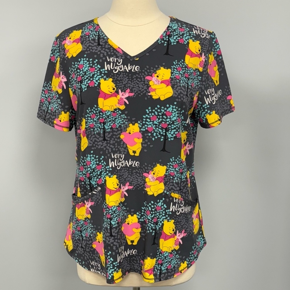 Disney Pooh Bear & Piglet Scrub Top Size M Dark Gray Scrubs Nurse Uniform Smock